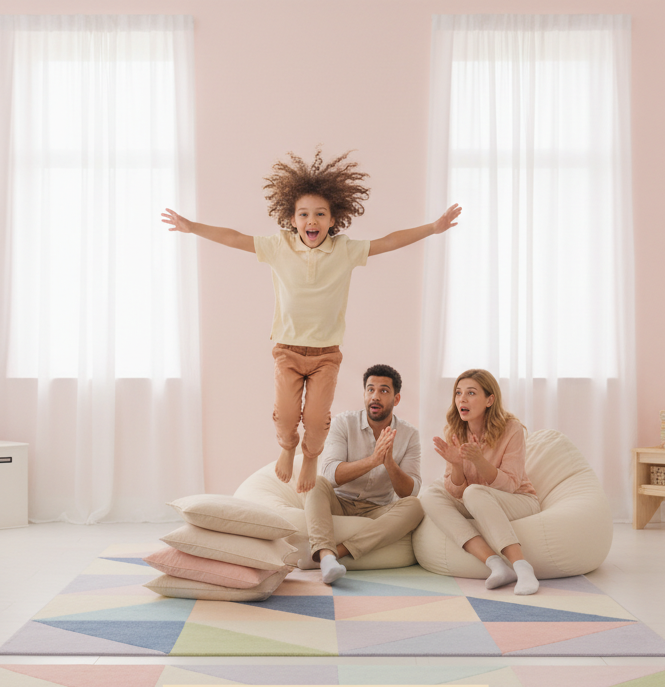 Young boy jumping is sensory seeker or hyperactivity needs quiet fidget toys like synaptoys
