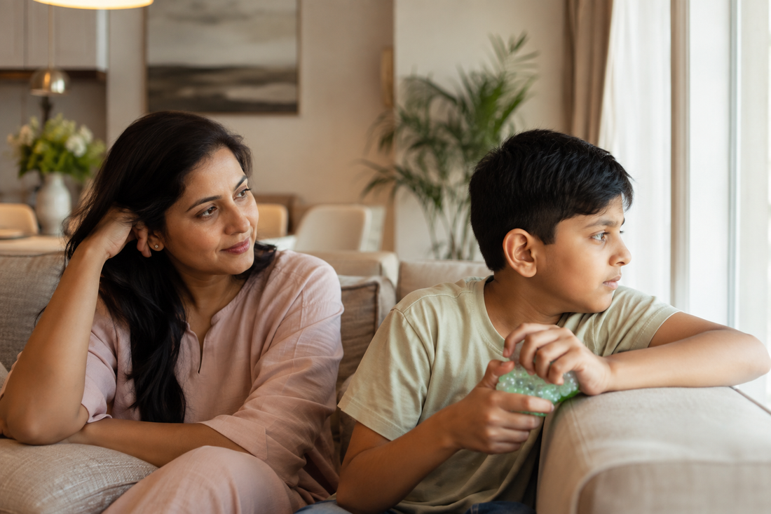 A South Asian mother and her 9-year-old at home on a quiet afternoon, child restless and fidgeting while looking out a window in cozy Dubai home while using quiet fidget tool