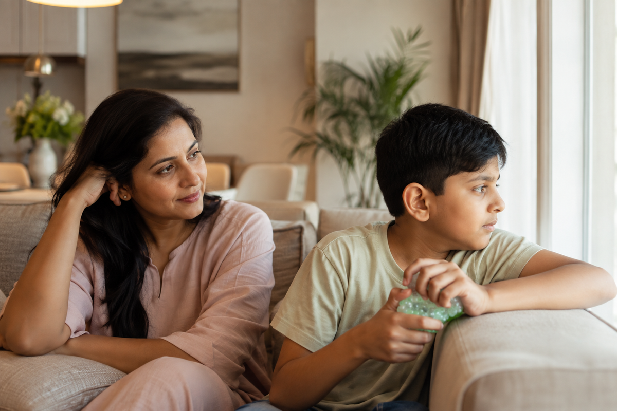 A South Asian mother and her 9-year-old at home on a quiet afternoon, child restless and fidgeting while looking out a window in cozy Dubai home while using quiet fidget tool