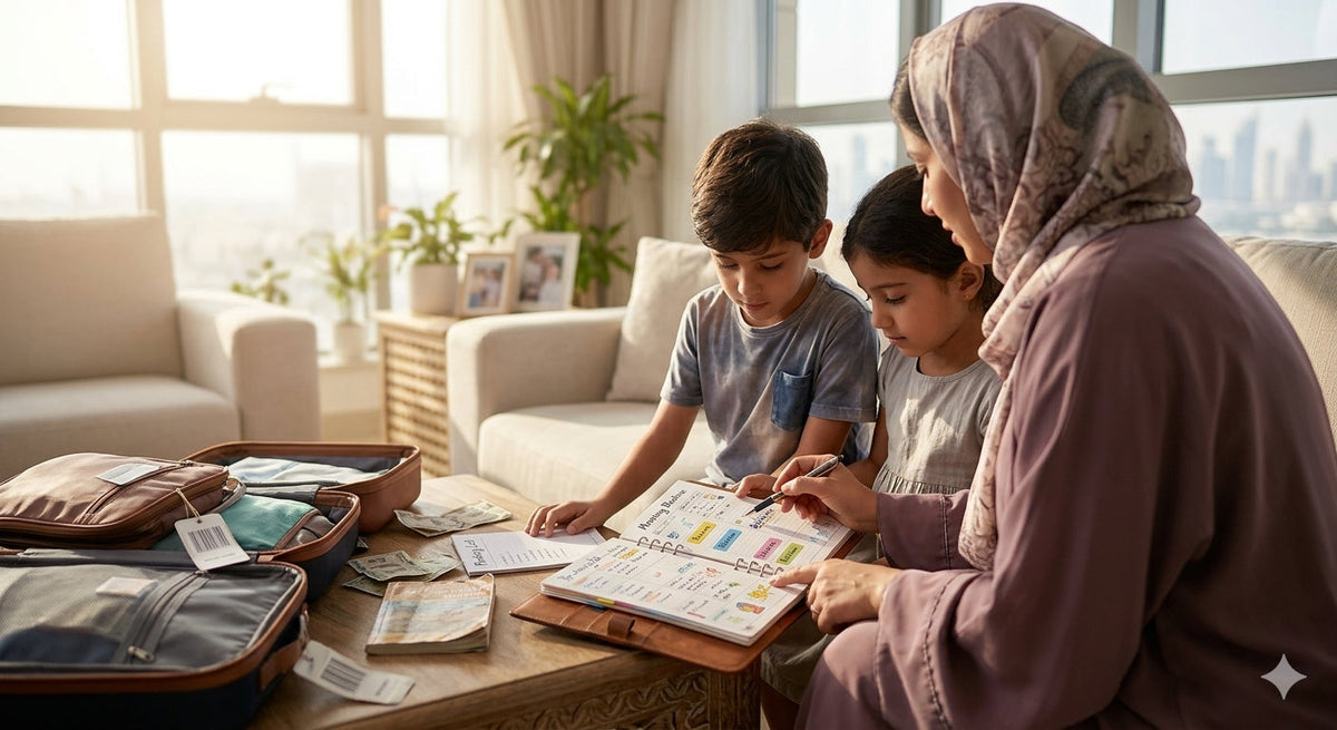 a mother with her kids in Dubai implement routine before back to school