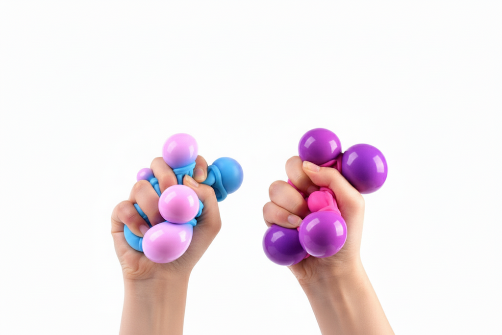 child Hands ressing a blue and pink stress ball for calming sensory stimulation