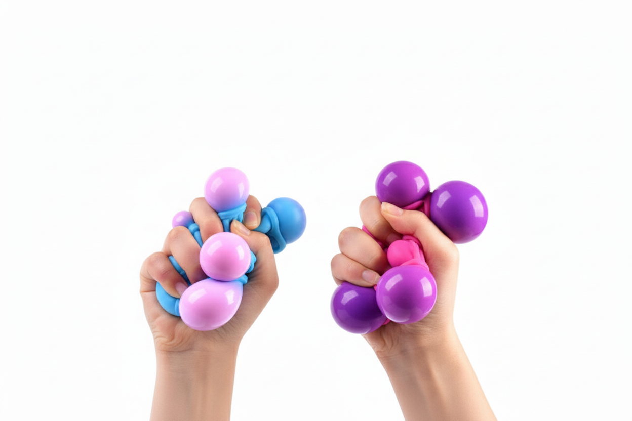child Hands ressing a blue and pink stress ball for calming sensory stimulation