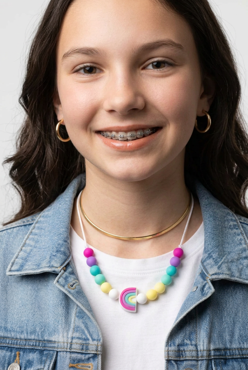 A teen wearing Synaptoys pastel rainbow  chew necklace