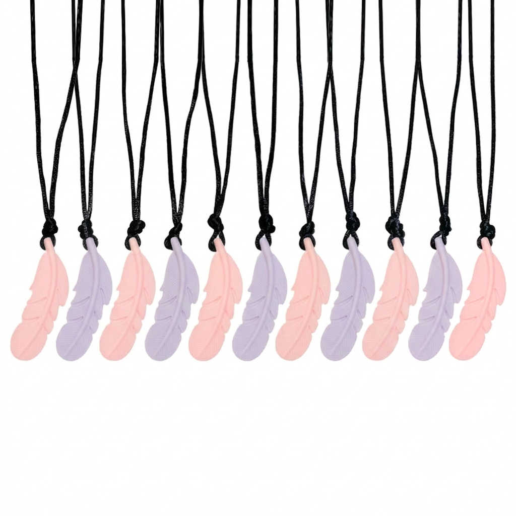 Ten feather-shaped pendant necklaces on black cords, shown in white, silver, gray, teal, yellow, mint green, light blue, lavender, and pink, arranged in a row against a white background.