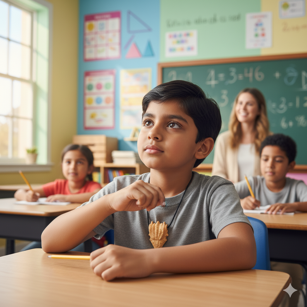 a desi boy is listennning carefully to a lesson while rubbing is necklace