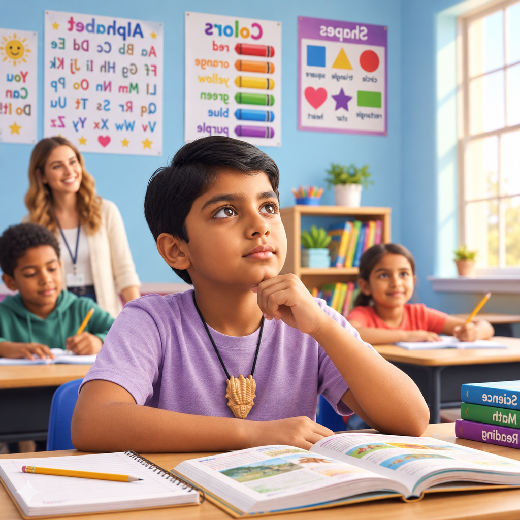 A young boy in a purple t-shirt sits at a desk in a bright classroom, looking thoughtfully upward wearing synaptoys chewing pendant. Other children and a smiling teacher are visible in the background, along with colorful educational posters on the blue wall.