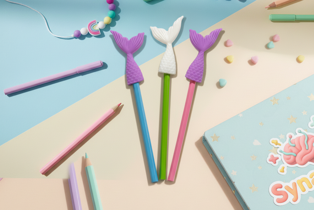 Colorful stationery items including pens with mermaid tail designs, a calculator, and a notebook on a pastel background.