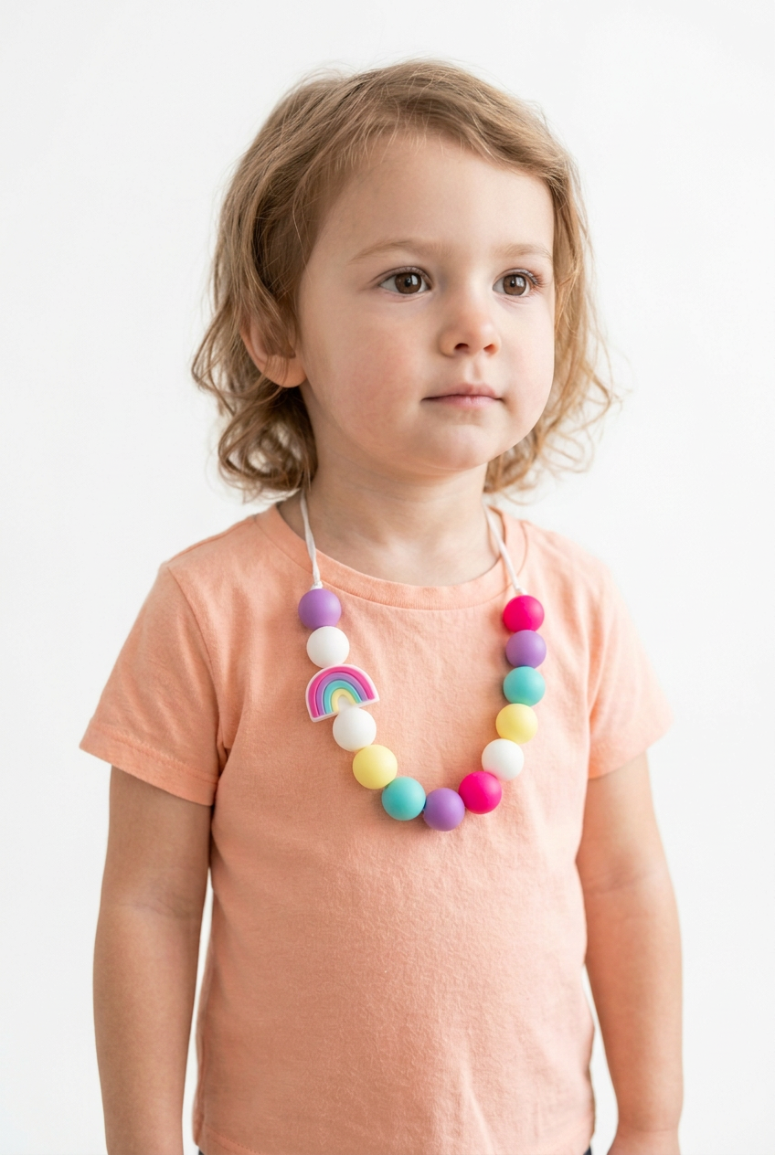 A young child wearing a pastel peach t-shirt and a colorful beaded necklace with a rainbow charm, photographed against a clean white background.