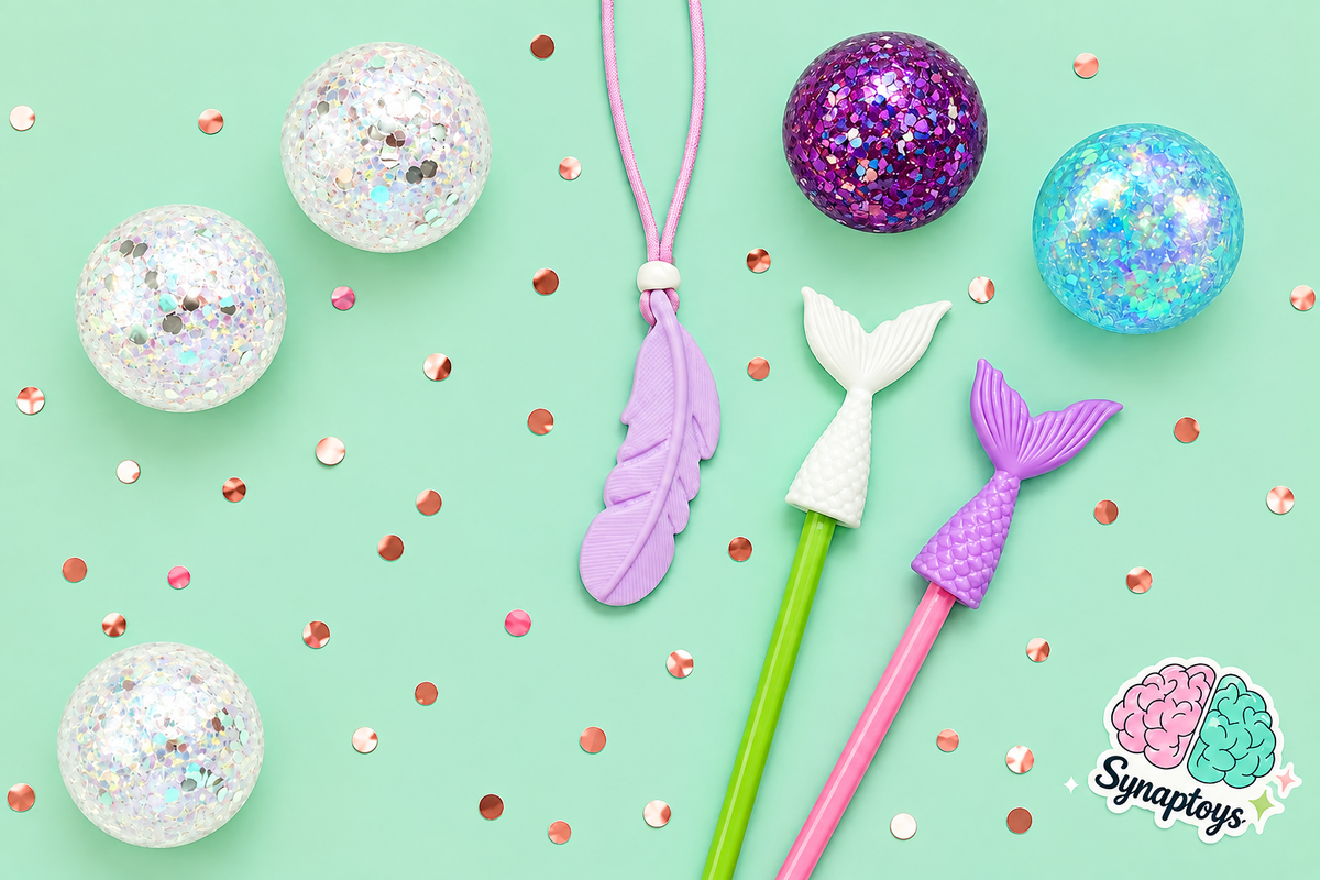 A flat-lay product photo of  Synaptoys mermaid-themed sensory toys on a mint green background with rose gold confetti. The set includes a lavender feather necklace, a green stick with a white mermaid tail, a pink stick with a purple mermaid tail, and four glittery balls in pink, yellow, and blue.