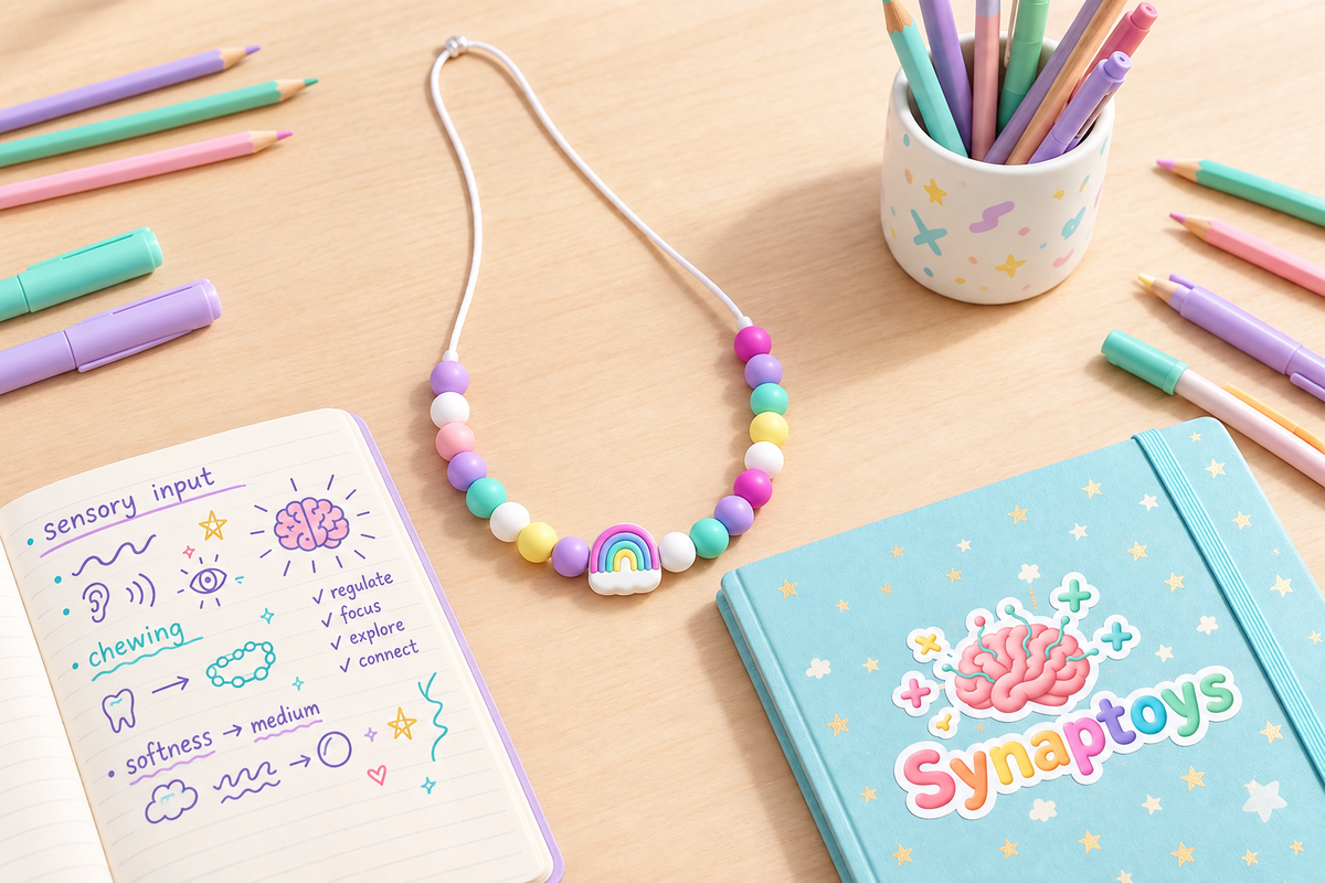 A pastel beaded necklace with a rainbow chewing necklace is displayed on a light wood desk surrounded by colorful stationery items, including a notebook labeled 'Synaptoys', pens, and building-block-shaped accessories.