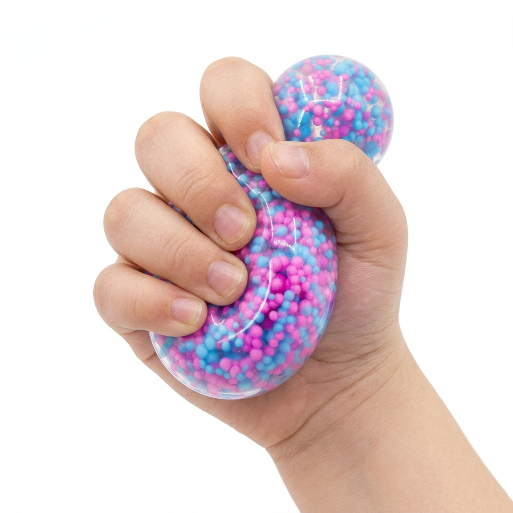 A hand squeezing a clear stress ball filled with pink and blue foam beads, with a second matching stress ball visible in the background, on a white background.
