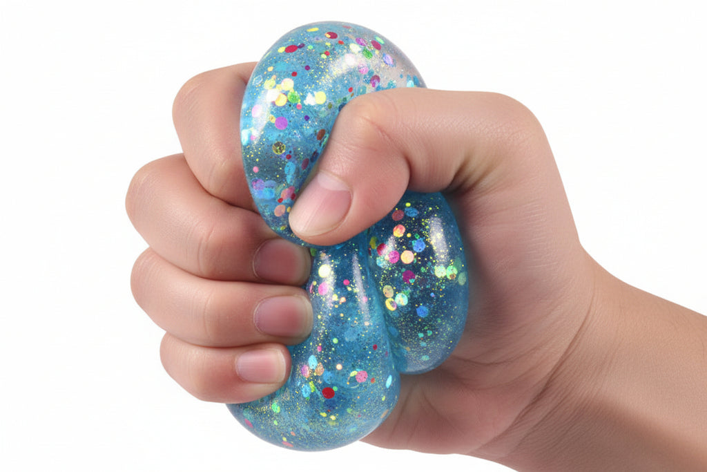 Child squeezing glitter stress ball to reduce anxiety during study time