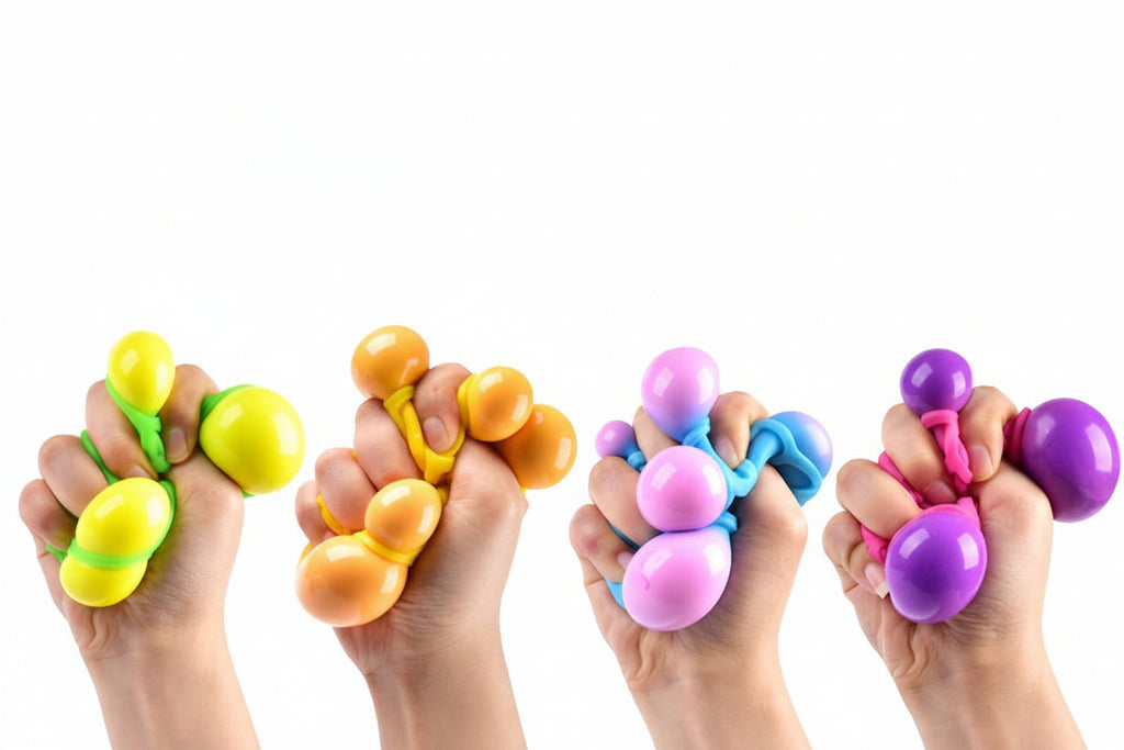 Children holding a blue, green, purple and pink stress ball for calming sensory stimulation