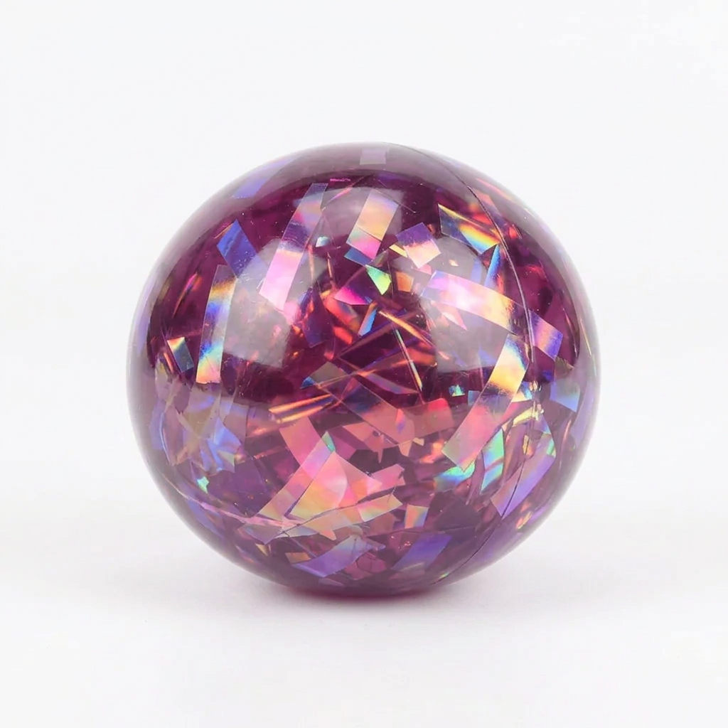 A translucent teal-green spherical ornament filled with iridescent holographic foil flakes, shown on a clean white background.