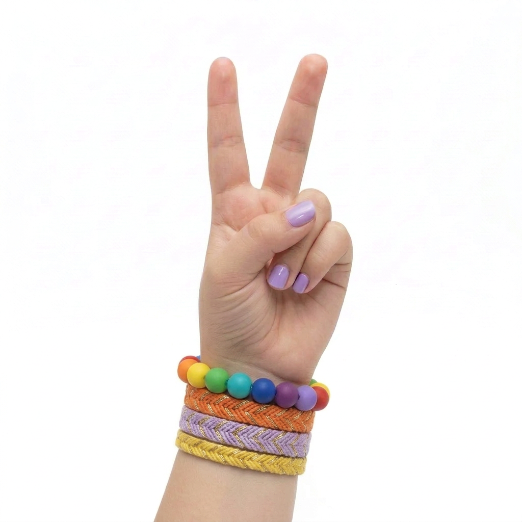 A hand making a peace sign, wearing a stack of colorful friendship bracelets, including a chevron pattern and synaptoys rainbow-colored beads, against a plain white background.