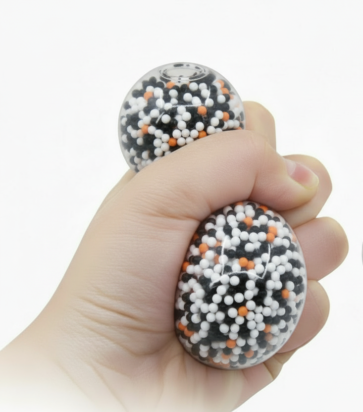 Child squeezing crunchy fidget ball for calming effect
