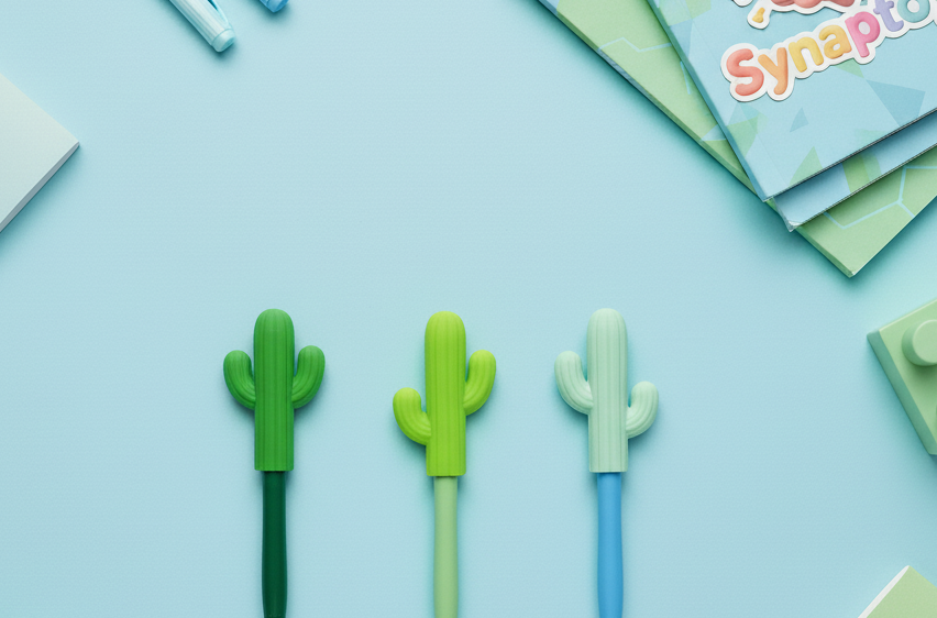 Three  synaptoys cactus-shaped  chewable pen topper on a light blue background with educational materials.