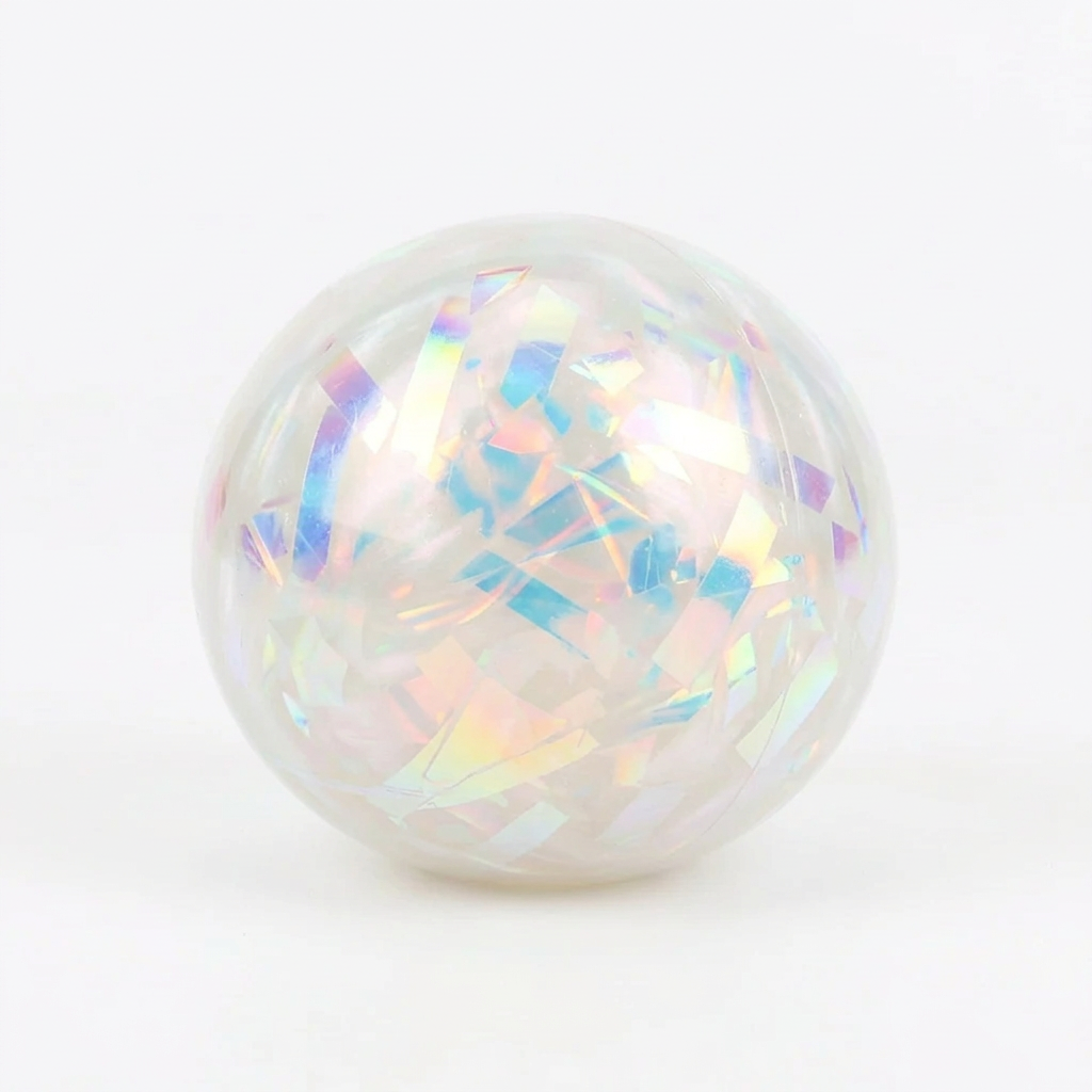 A translucent teal-green spherical ornament filled with iridescent holographic foil flakes, shown on a clean white background.